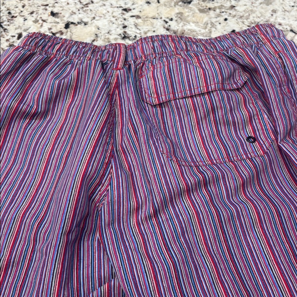 Bugatchi Multistripe Swim Shorts in Pink, Blue & White - Picture 2 of 3